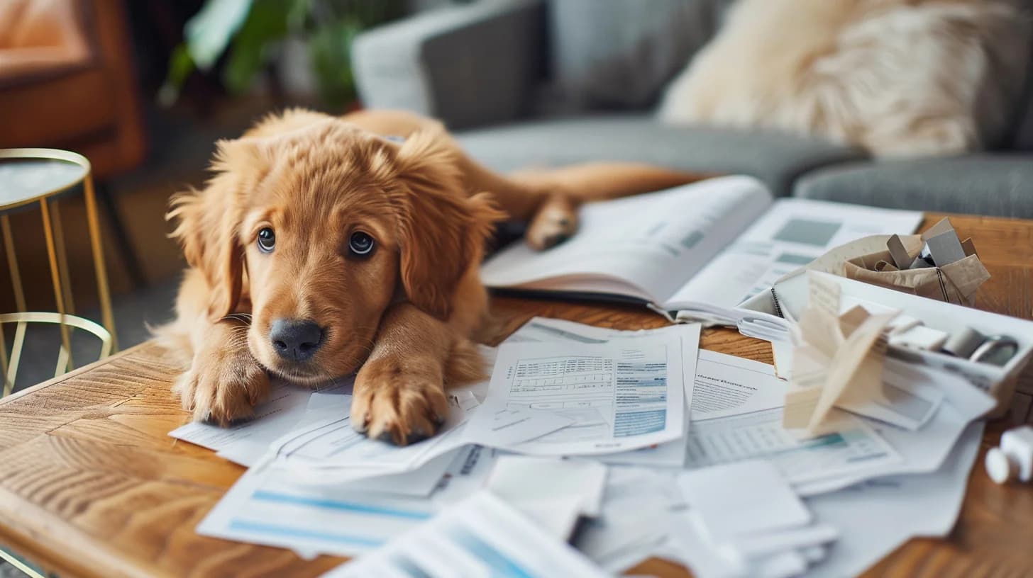 Owner preparing budget and supplies for rescue dog adoption